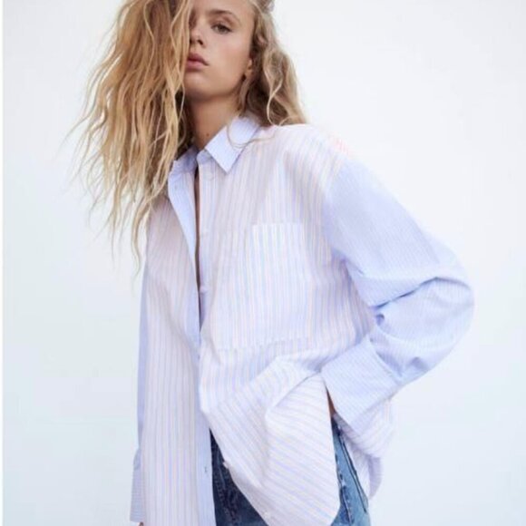 ZARA Blue and Beige Oversized Patchwork Shirt Size XS NWT - Picture 2 of 10